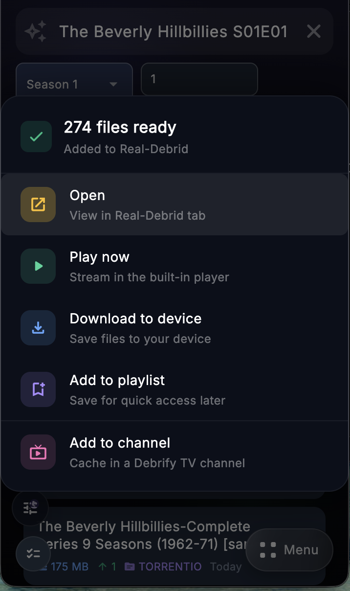 Actions after selecting a series or episode source
