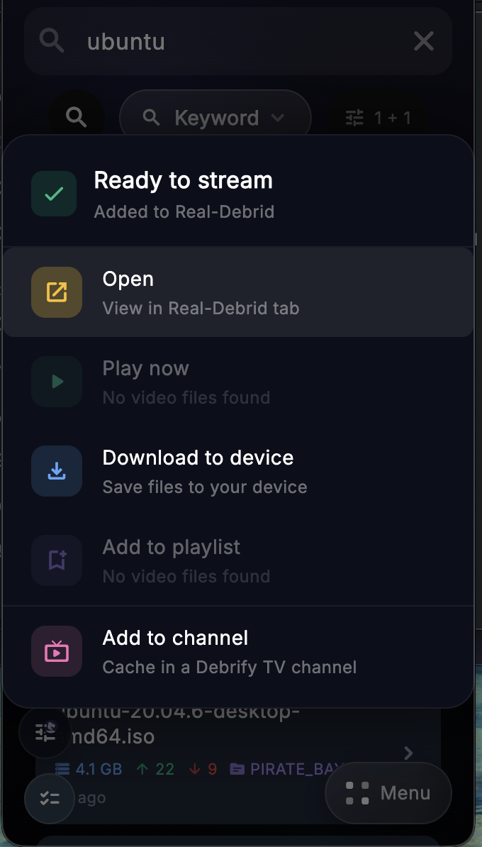 Cached torrent actions dialog