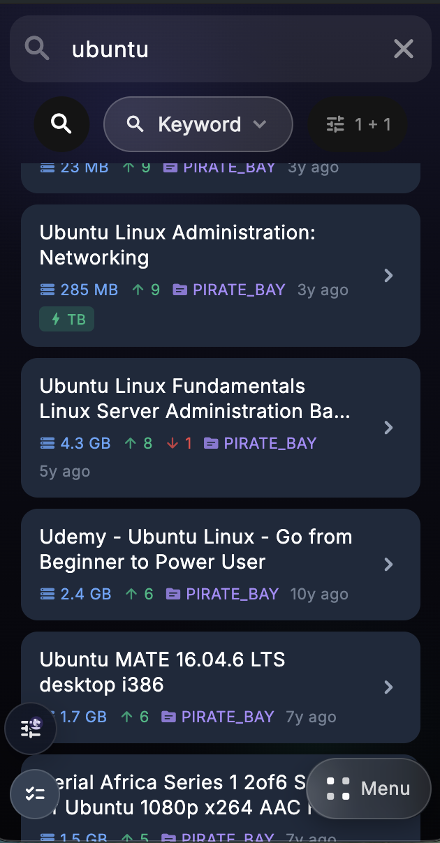 Keyword search results list