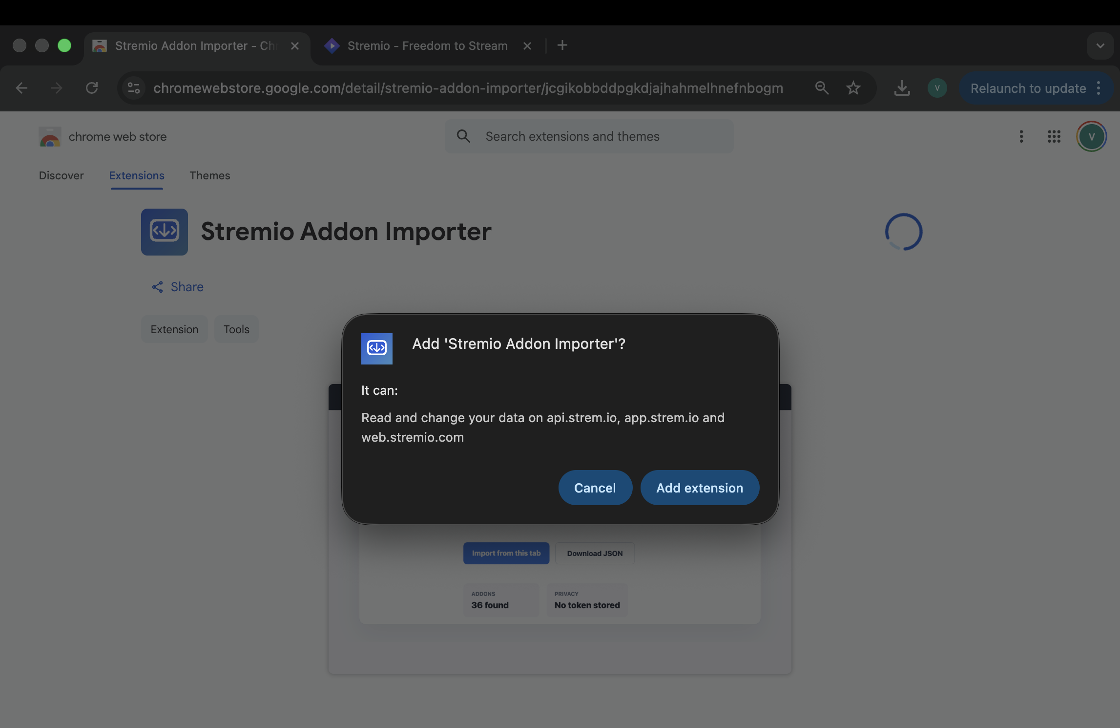 Chrome confirmation dialog for adding Stremio Addon Importer