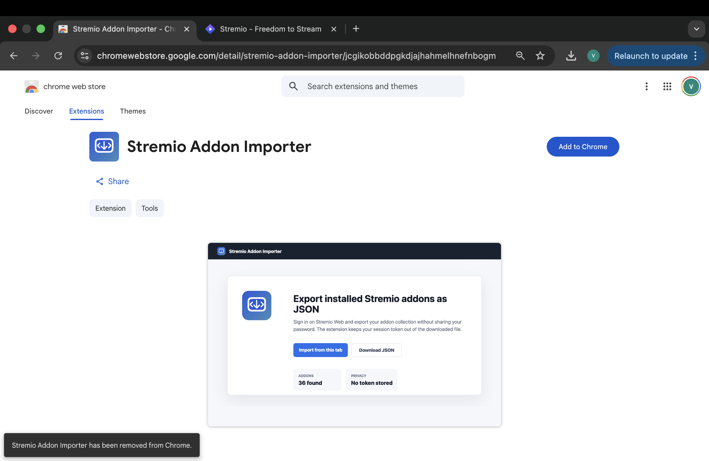 Stremio Addon Importer listing in the Chrome Web Store
