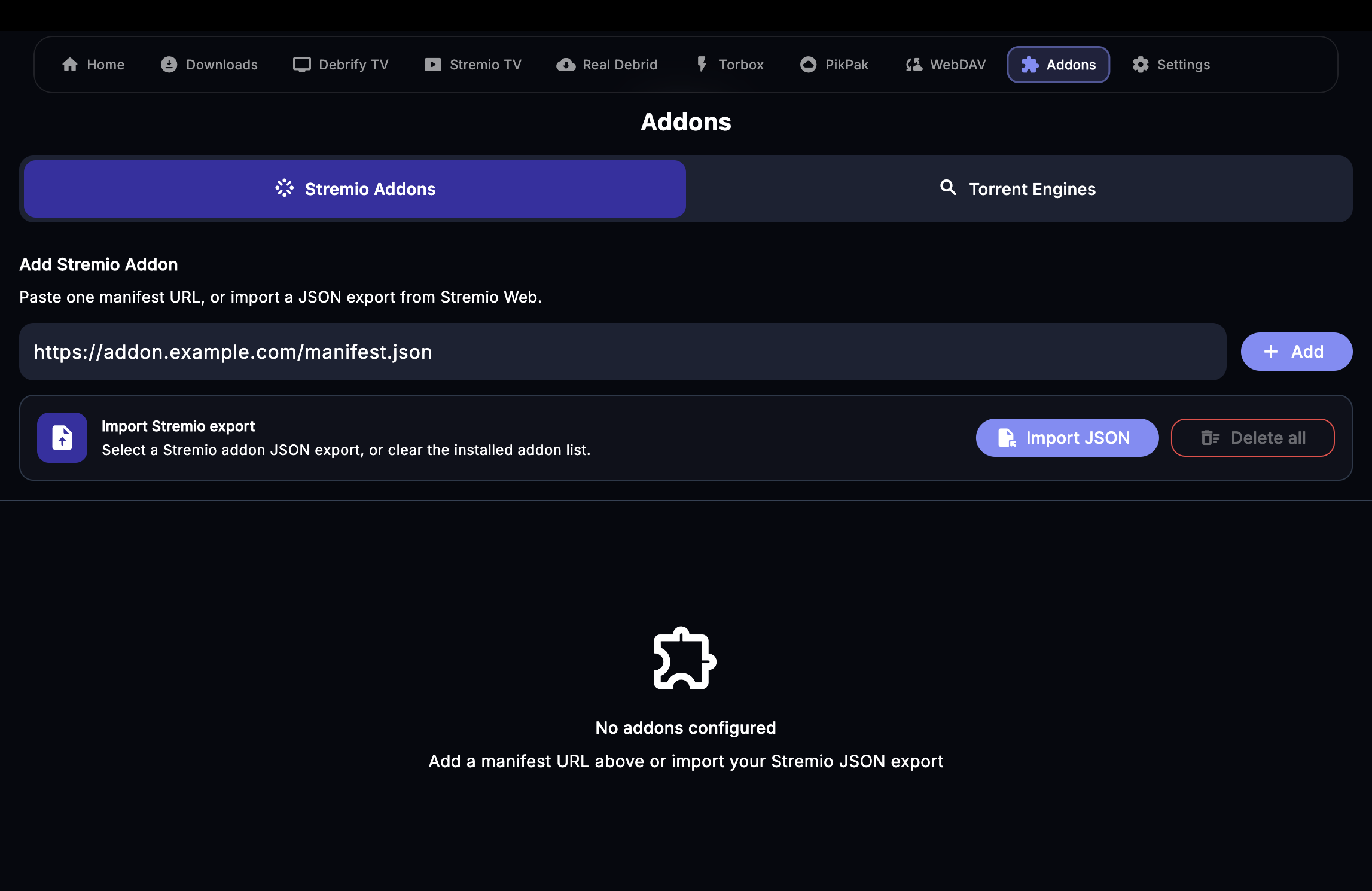 Debrify Addons screen with Import JSON button