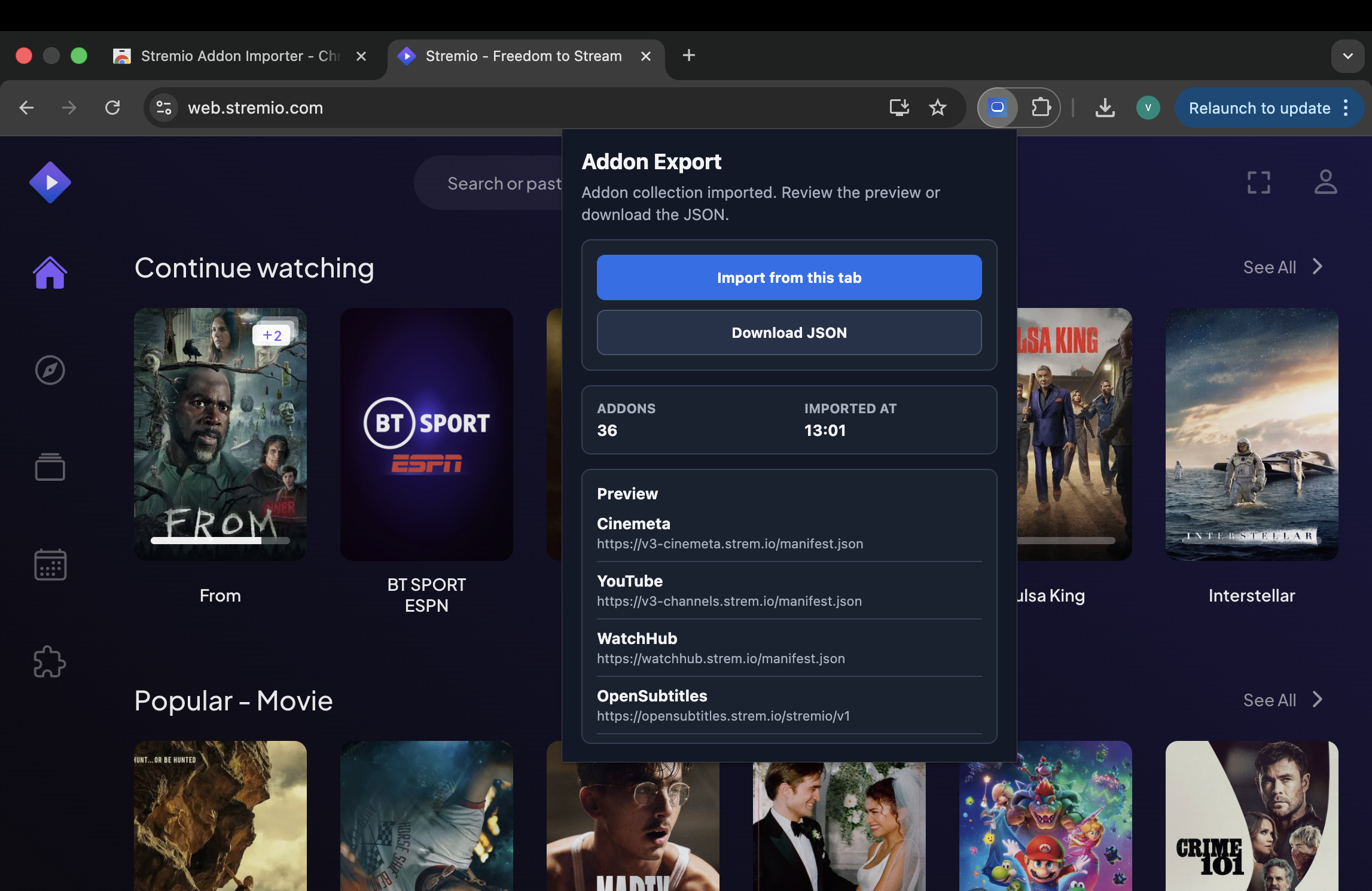 Stremio Addon Importer preview with Download JSON button