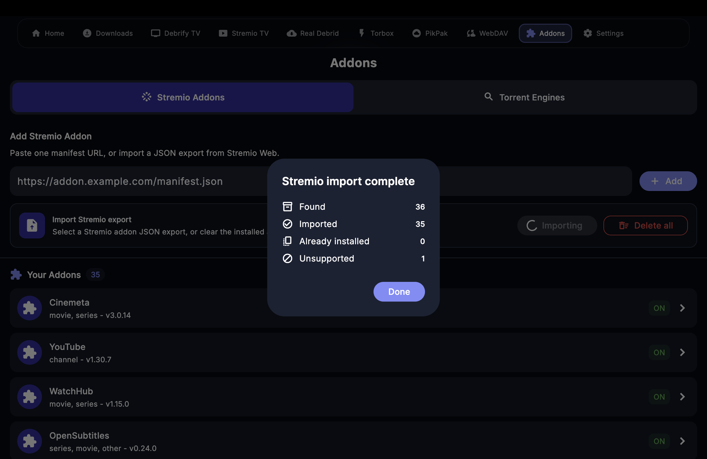 Debrify Stremio import complete dialog