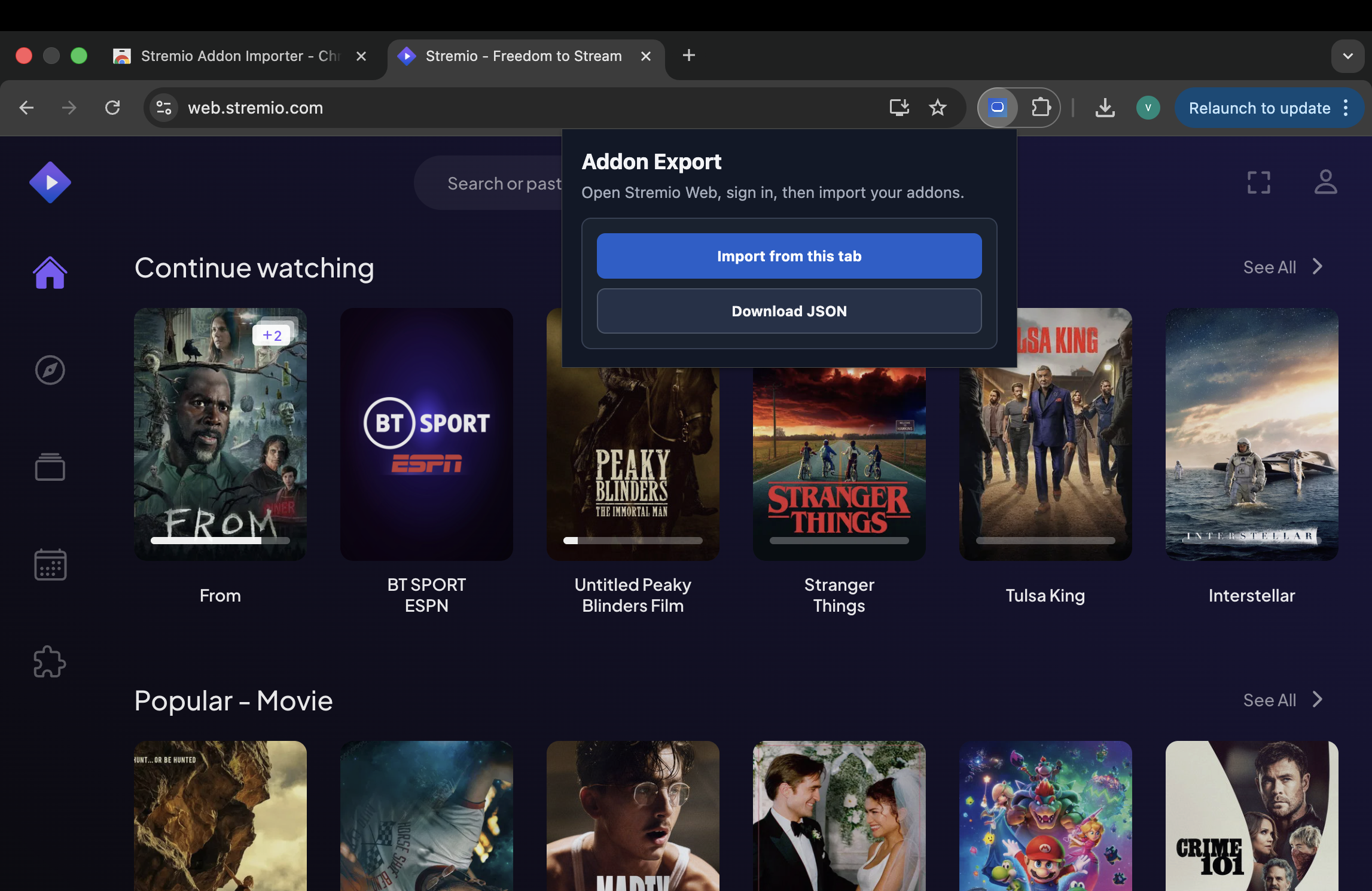 Stremio Addon Importer popup with Import from this tab button