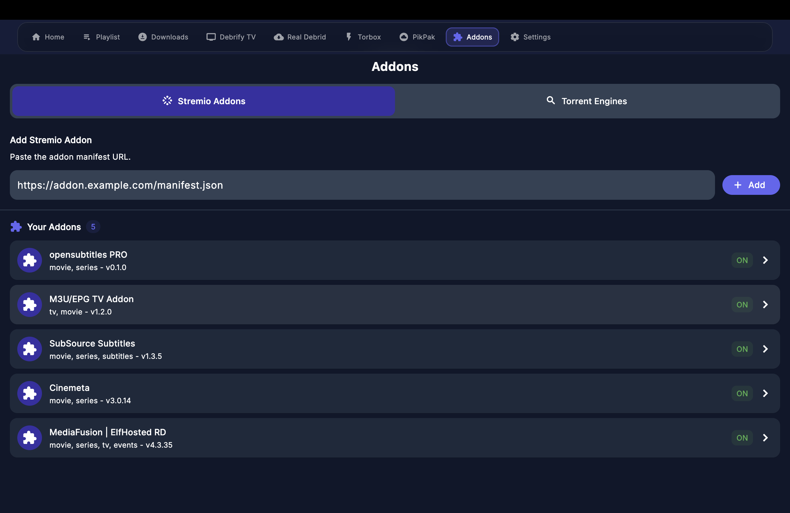 Stremio addon management