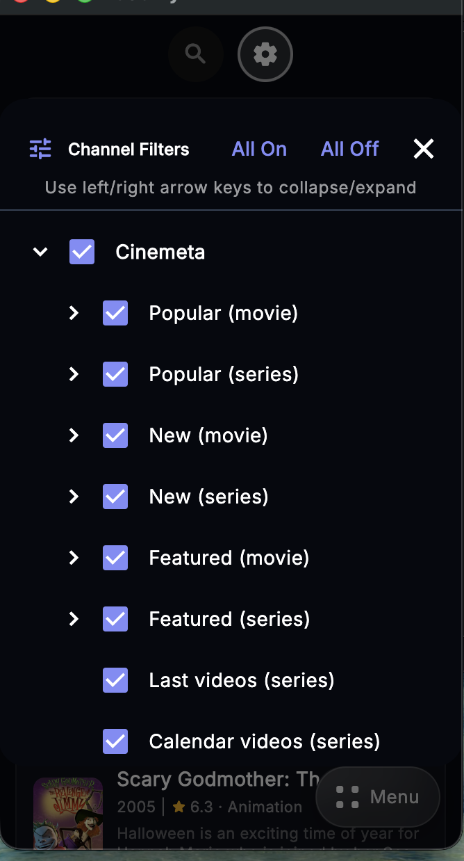 Stremio TV channel filters
