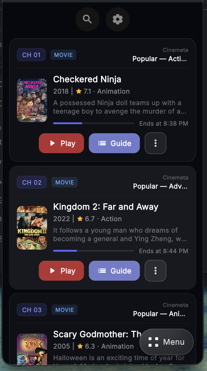 Stremio TV channel rows