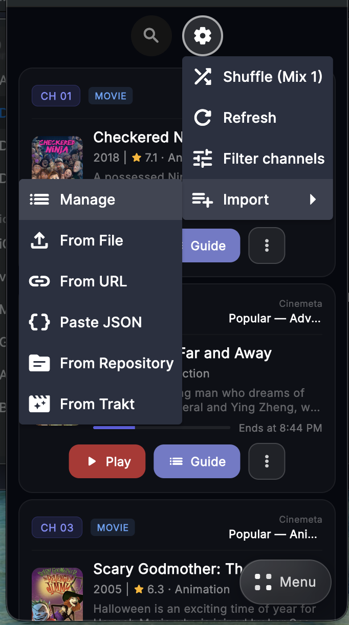 Stremio TV import menu
