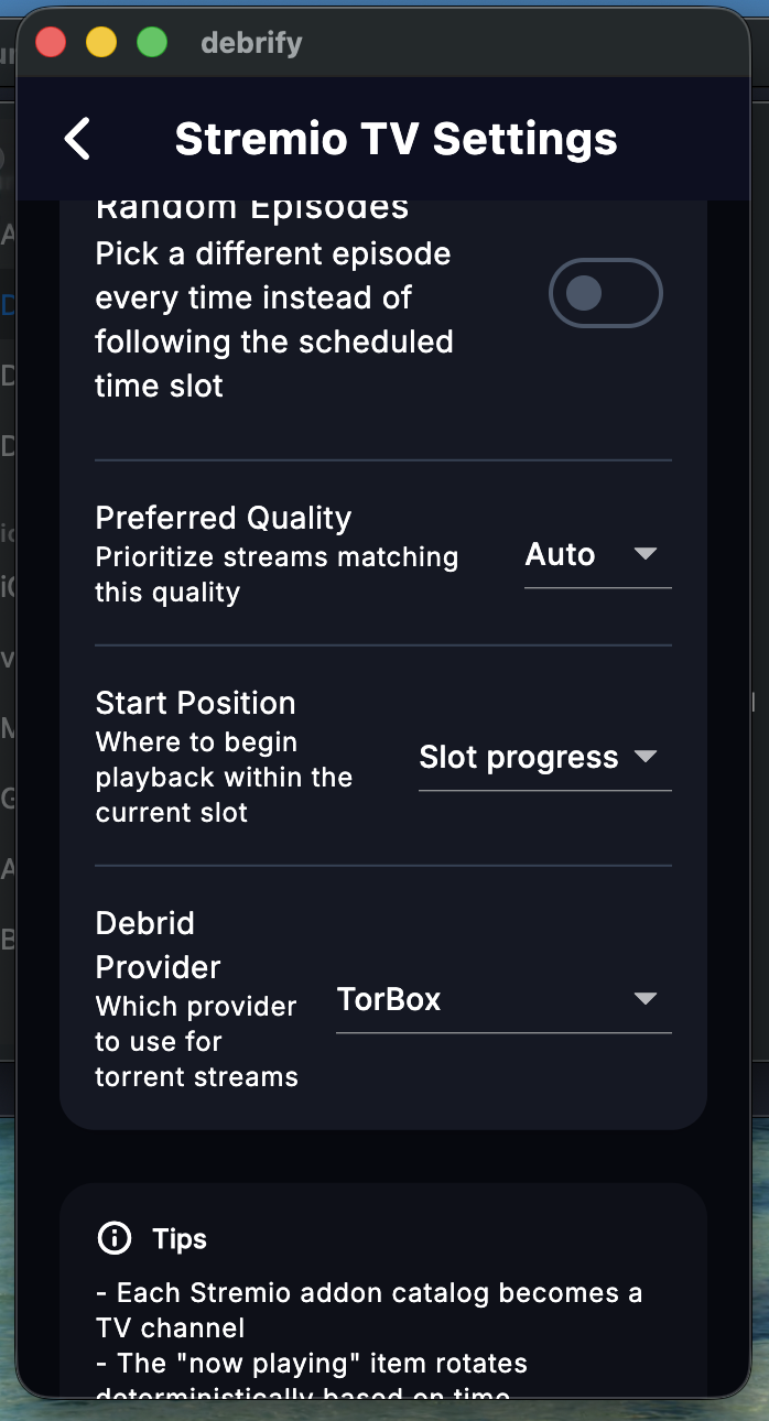 Stremio TV settings page