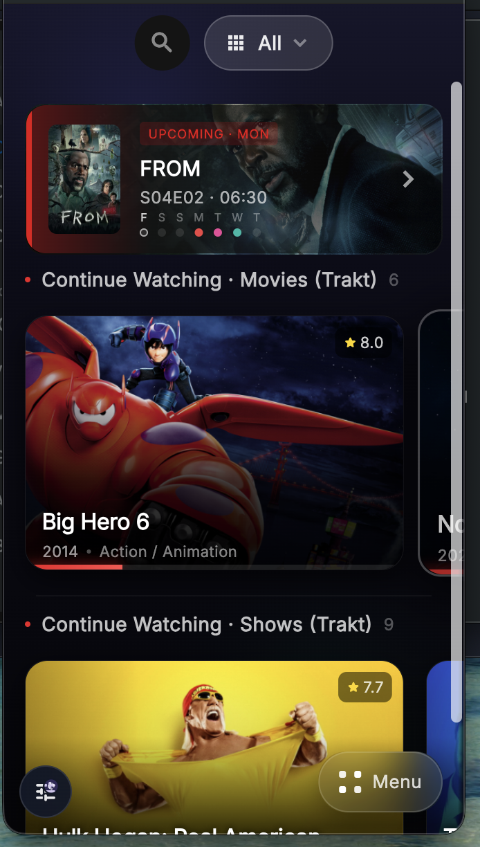Trakt continue watching and upcoming sections on the Debrify home screen