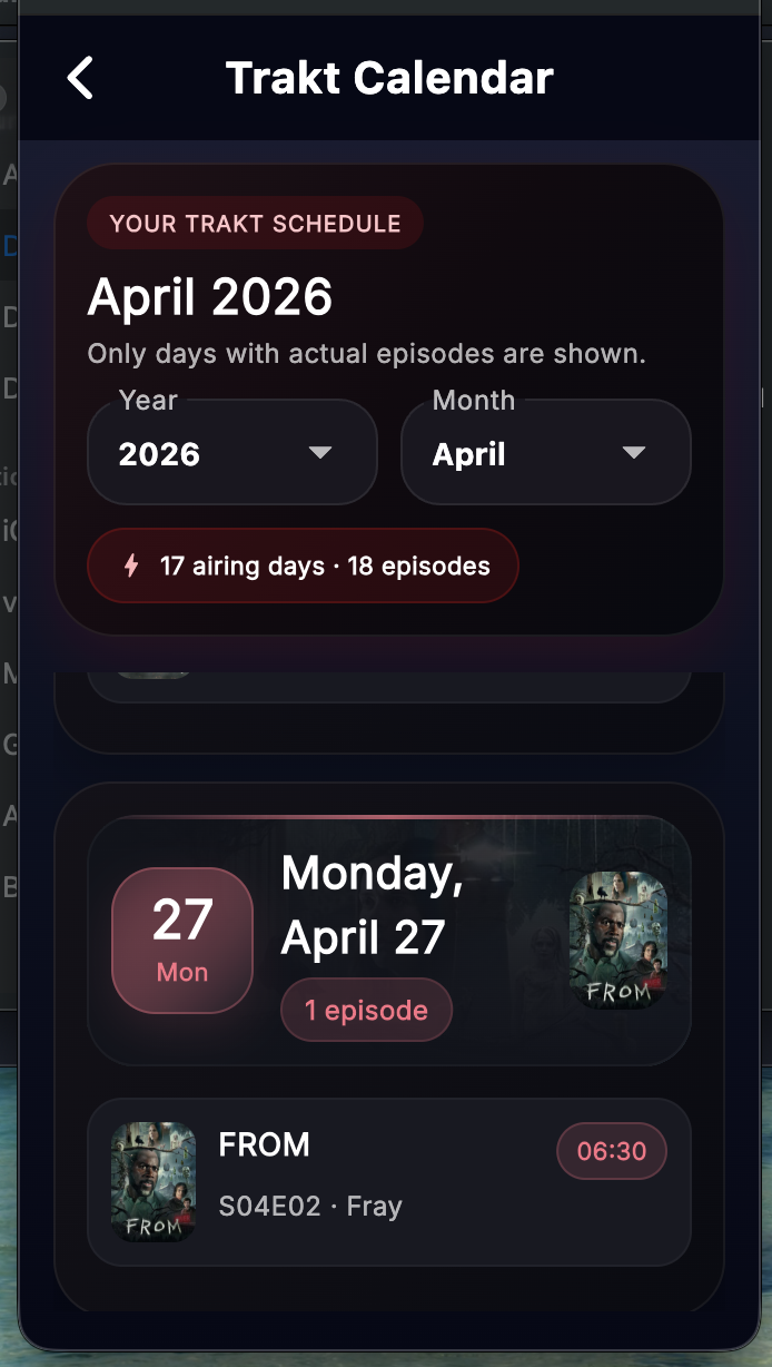 Trakt Calendar screen in Debrify