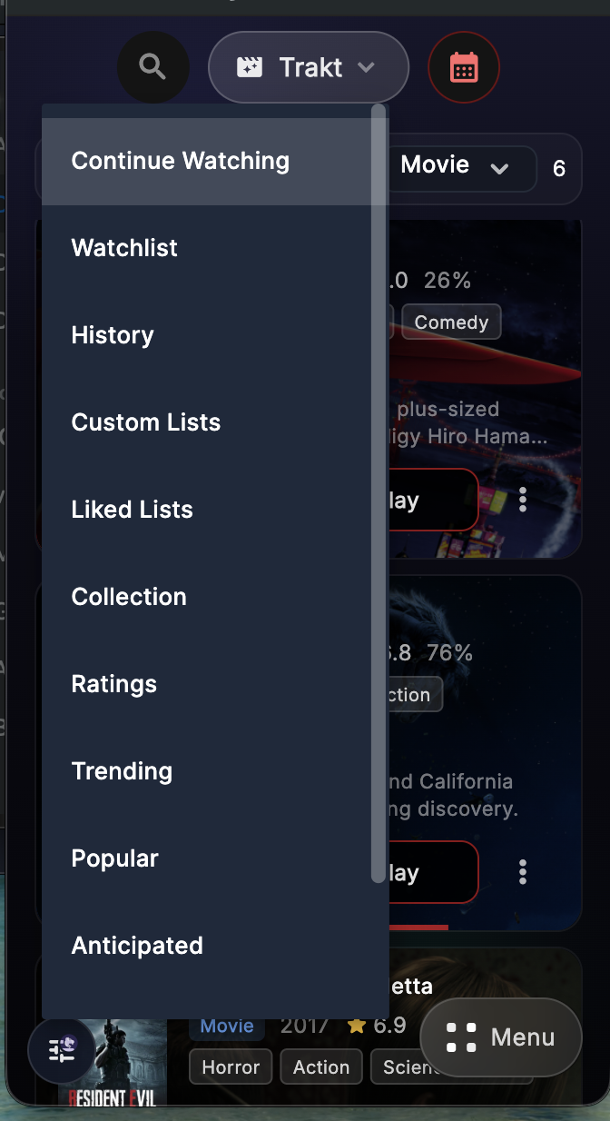 Trakt list type selector in Debrify