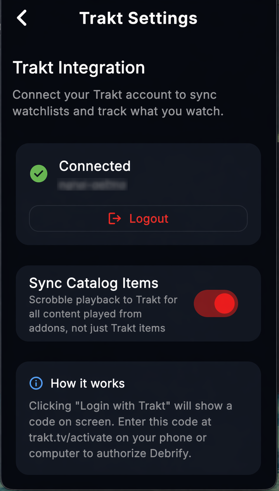 Trakt settings page in Debrify